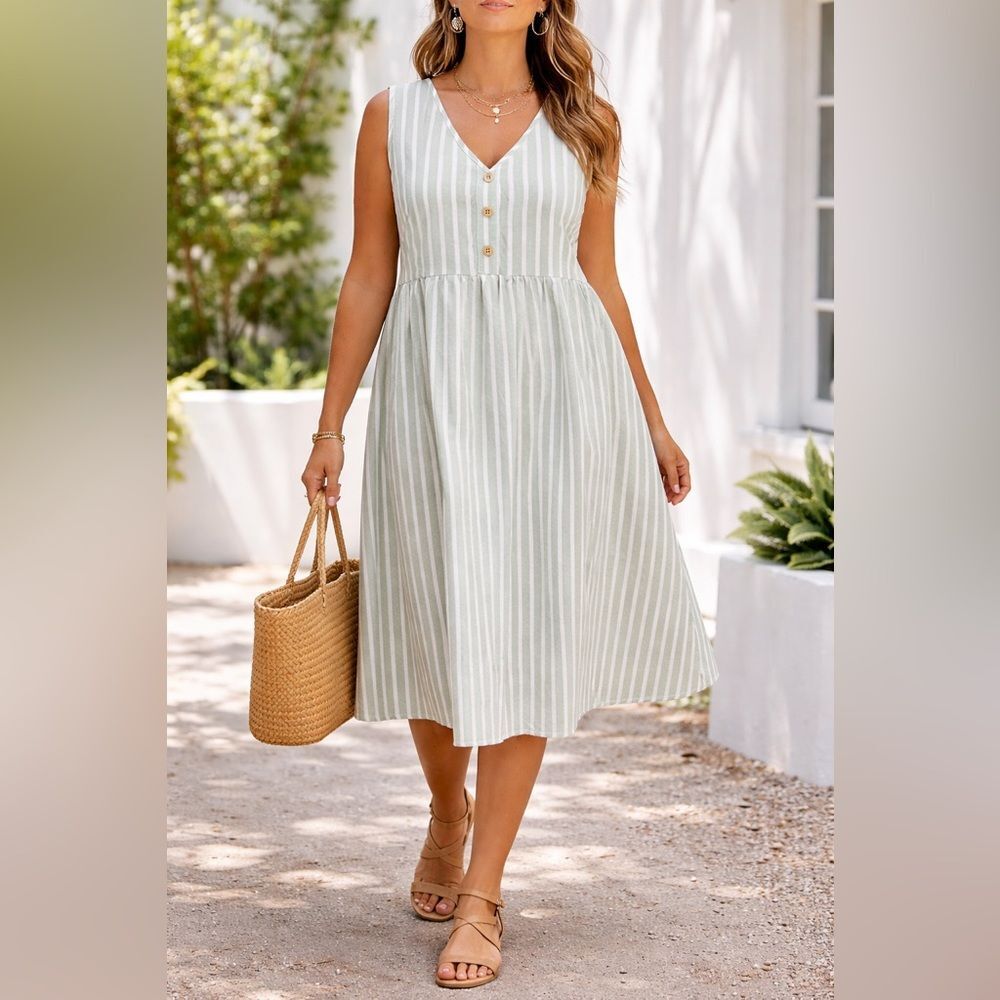 SHEIN XL Green White Striped Midi Sundress V-Neck A-Line Casual